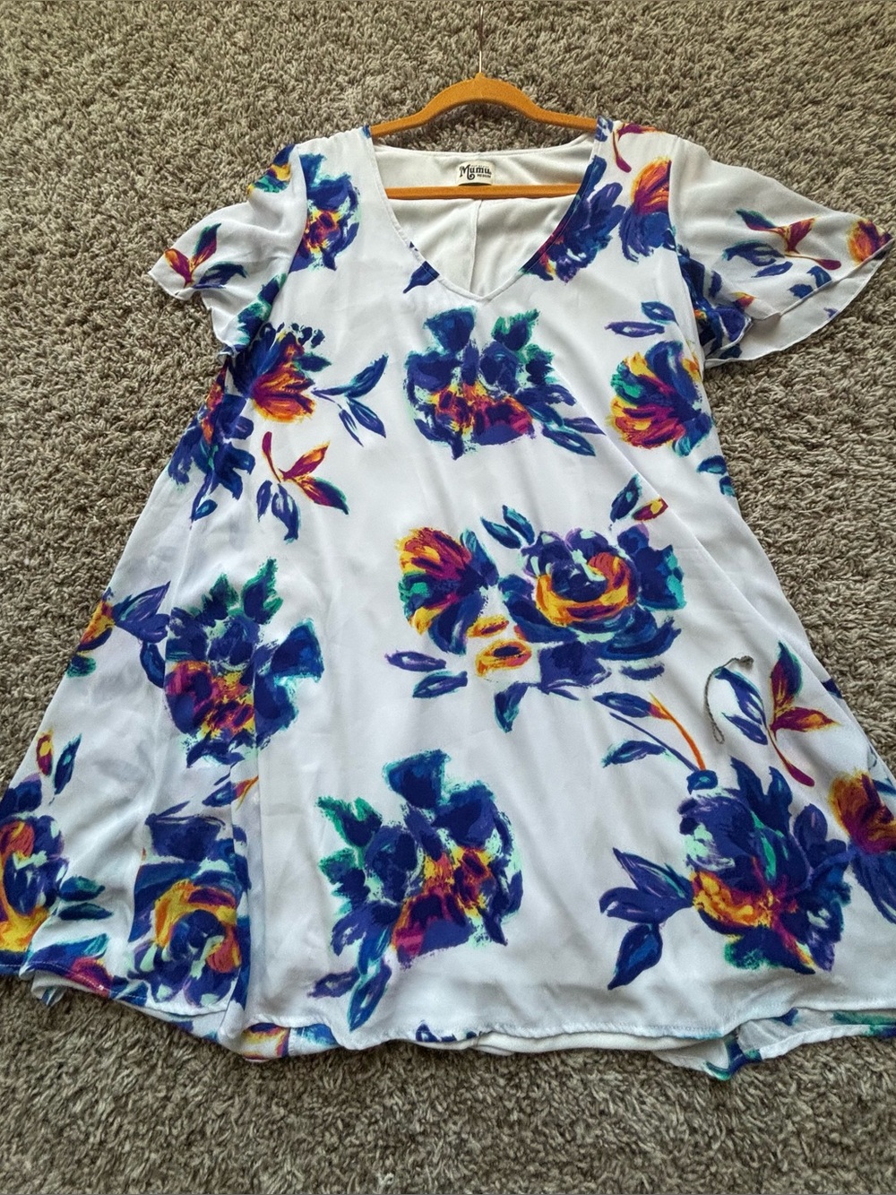Show Me Your MuMu White Floral Swing Dress with Blue & Yellow Accents medium